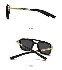 Detailed views of aviator sunglasses with black thick frames and gold metal temples