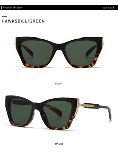 Front and side view of square aviator sunglasses with hawksbill frames and green lenses