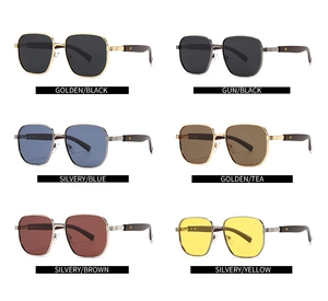 Multiple pairs of rectangular polarized sunglasses in diverse metal frame finishes