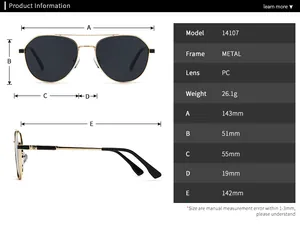 Detailed size chart for polarized aviator sunglasses showing frame dimensions and weight