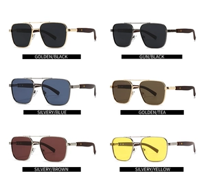 Selection of six retro square polarized sunglasses with double bridge and wood grain arms