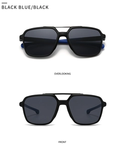 Front and top view of oversized square retro sunglasses in black and blue frames