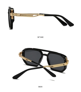 Detail view of gold metal temples with striped texture and mechanical structure on sunglasses