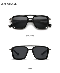 Front and top view of black square aviator sunglasses with a classic double bridge design