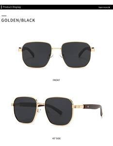 Front and 45-degree side view of square golden metal sunglasses with black polarized lenses