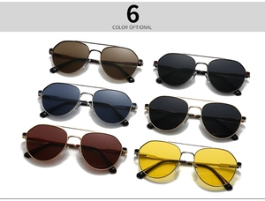 Six different colored polarized aviator sunglasses with metal frames on white background
