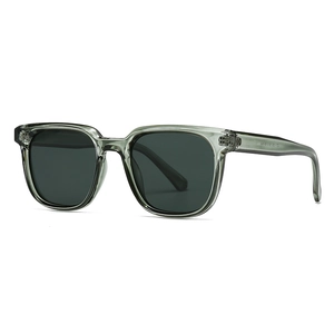 Modern retro square sunglasses with dark grey lenses and translucent olive green frames