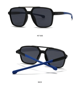 Detail view showing 45-degree side and back angles of black and blue square sunglasses