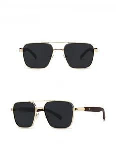 Front and side view of square polarized sunglasses with golden frames and wood grain temples