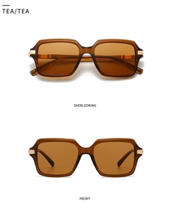 Detail view showing front and top angles of square tea-tinted aviator sunglasses