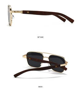Detail of square polarized sunglasses featuring gold metal frame and wood grain temples