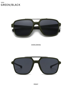 Front and top view of matte green oversized navigator sunglasses with dark gray lenses