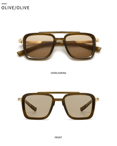 Olive green square aviator sunglasses detail showing front and overlooking viewpoints