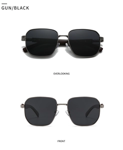 Front and top view of gunmetal square polarized sunglasses with dark black lenses