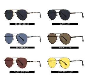 Six pairs of aviator sunglasses with metal frames in various lens colors displayed in a grid