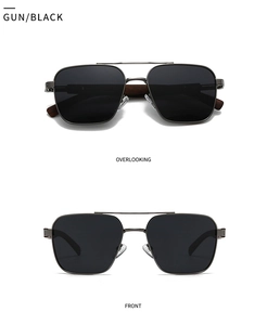 Detail of gunmetal sunglasses with textured wood grain temples in front and top view