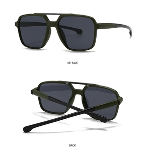 Detail view of olive green square sunglasses with double bridge and split color temples