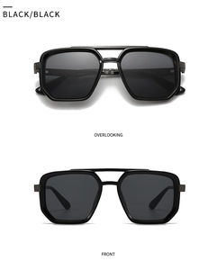 Detailed front and overlooking views of black double bridge square frame sunglasses