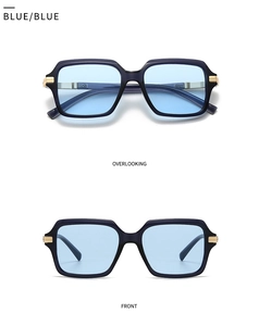 Dual-view display of navy blue square aviator sunglasses with gold metal accents