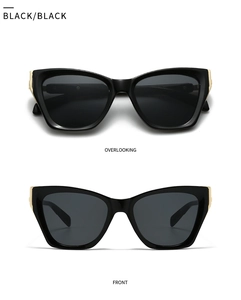 Front and top view of black square aviator sunglasses with gold metal corner accents