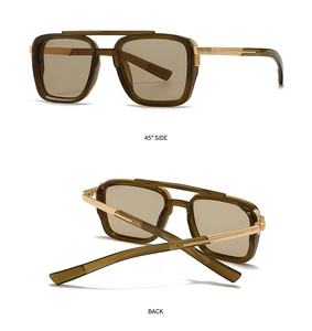 Detail view showing 45-degree side and back of olive brown square aviator sunglasses