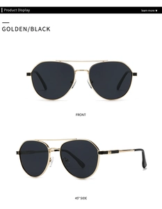 Detailed front and side view of gold pilot sunglasses with dark polarized lenses