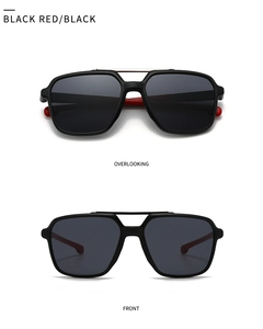 Detailed front and top views of black and red sports sunglasses with dual-bridge frame