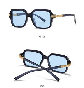 Detail of square aviator sunglasses showing blue frames and golden metal hinges