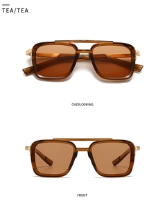 Front and top view of retro pilot tea square sunglasses with gold metal double bridge