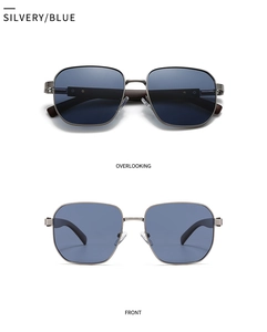 Front and top view of square polarized sunglasses with silver metal frame and blue lenses