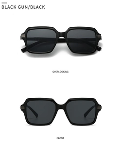Front and top view of black square aviator sunglasses with gunmetal details