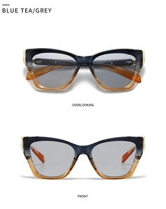 Front and top view of blue tea gradient cat eye sunglasses with gold metal hinges