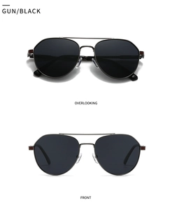 Front and top view of gunmetal polygon aviator sunglasses with polarized dark lenses