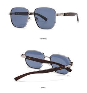 Detail of square polarized sunglasses with silver frame, blue lenses, and wood grain temples