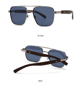 Detail view of square sunglasses with grey metal frame and textured wooden temples