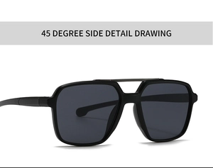 Detailed 45-degree side view of modern black square sunglasses with double bridge design