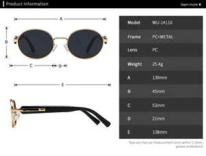 Detailed size chart of retro round polarized sunglasses with frame and lens measurements