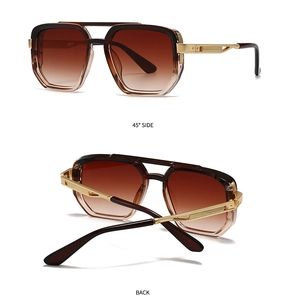 Brown gradient aviator sunglasses with gold metal temples shown from side and back views