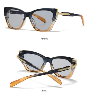 Detail view of cat-eye sunglasses with blue-yellow gradient frames and gold metal accents