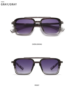 Detail of square pilot sunglasses with gray transparent frame and purple gradient lenses