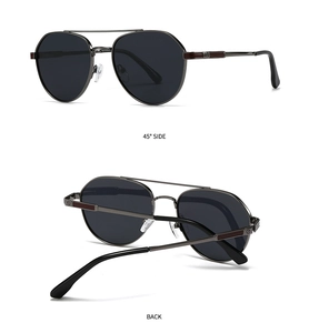 Detail view of gunmetal aviator sunglasses featuring a double bridge and striped temples