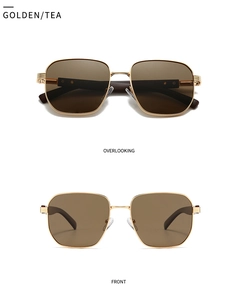 Detail view of golden square metal sunglasses with tea lenses from front and top angles