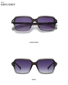 Detail view of square pilot sunglasses with grey translucent frames and gradient lenses