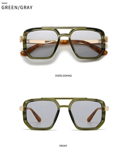 Front and overlook view of green square pilot sunglasses with tortoiseshell temples