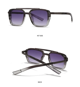 Detail view showing 45-degree side and back of square aviator sunglasses with gradient lenses