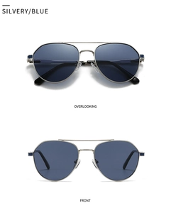 Detail of silver pilot sunglasses with blue lenses from front and top view angles
