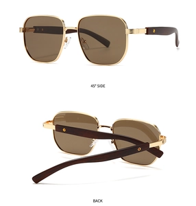 Detail view of square metal polarized sunglasses with brown lenses and wood grain temples