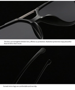 Detail of square black sunglasses showing thick UV protection lenses and curved temple tips
