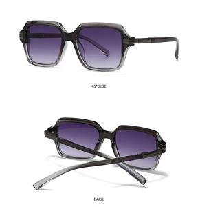 Detail view of square pilot sunglasses with purple gradient lenses and grey frames