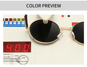 Polarized round sunglasses on professional UV radiation test device showing lens quality